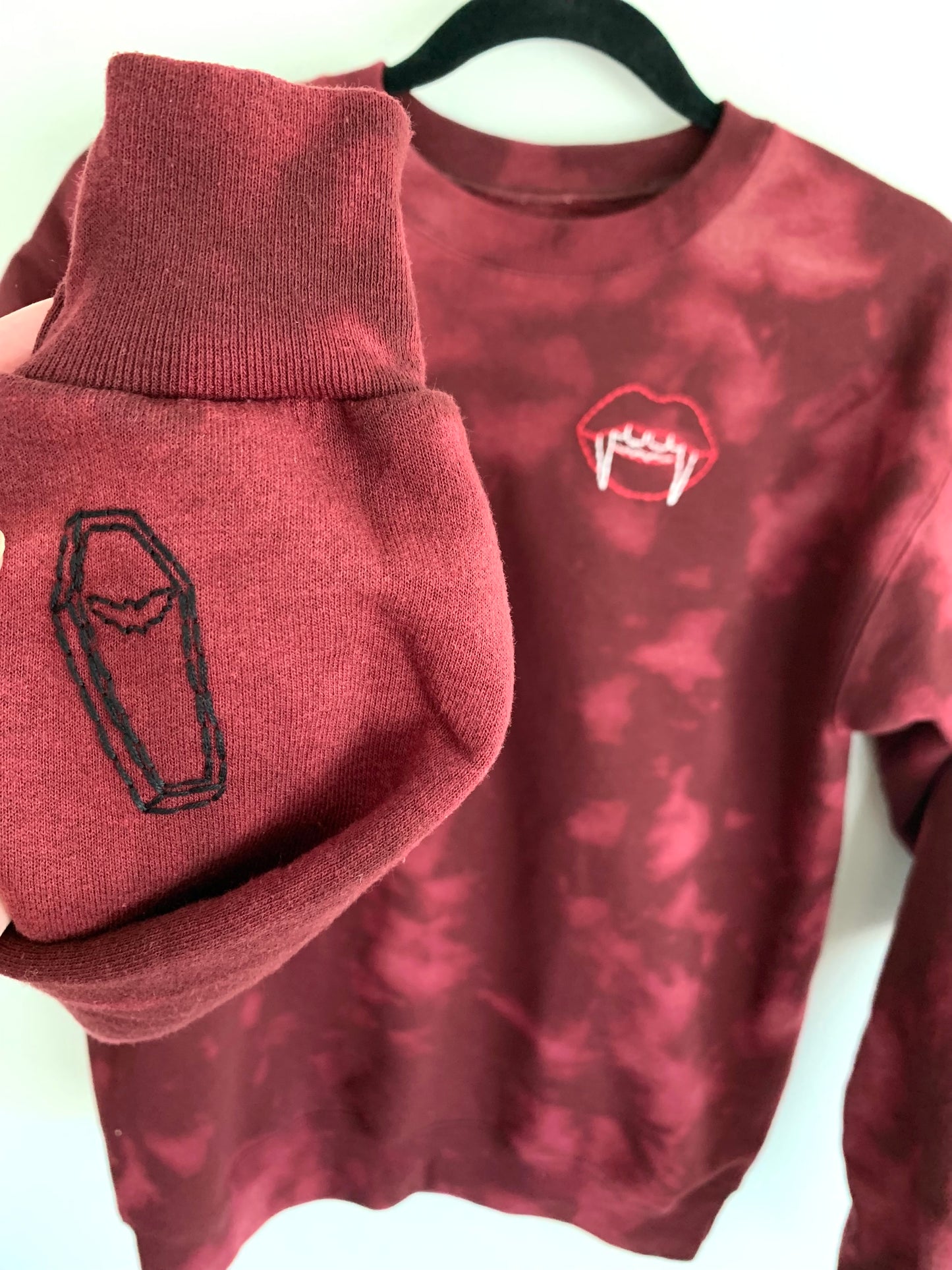 Made to Order Vampire Lips With Bat Coffin Hand Embroidery, Spooky Season, Dark Horror, Long Sleeve Unisex Maroon Tie Dyed Fleece Sweatshirt