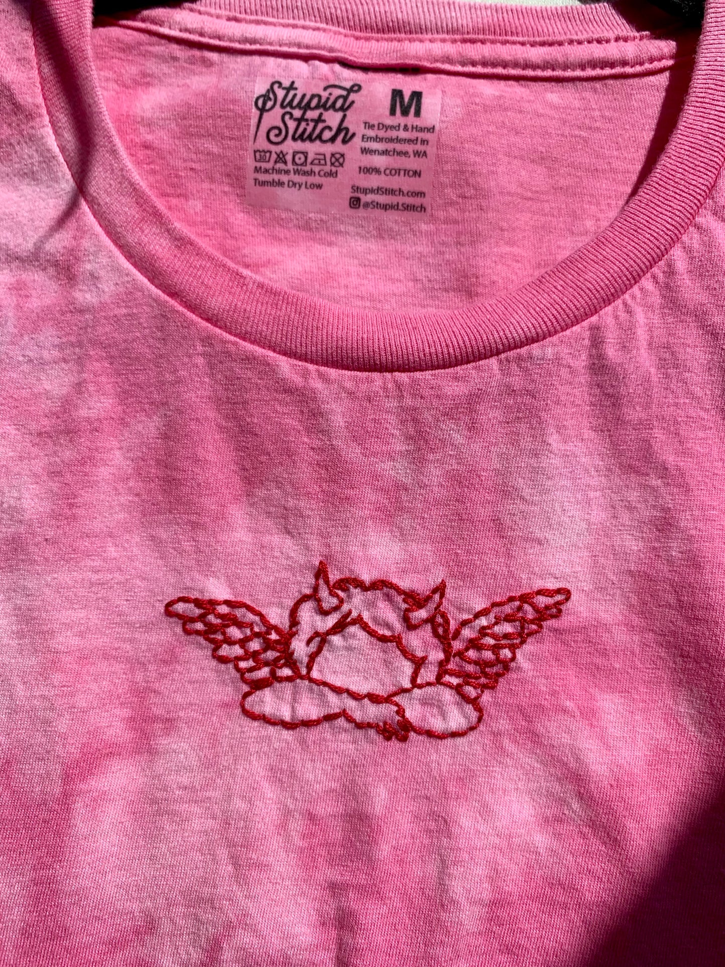Hand Embroidered Red Cupid Cherub Angel Demon Baby Wings – Unisex Bright Tie-Dye Azalea Pink Tee, Cute, Unique, Goth, Fantasy Shirt