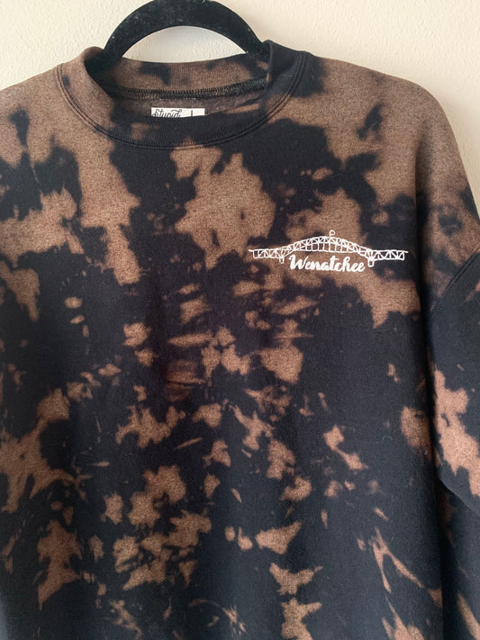 Wenatchee Bridge Hand Embroidery Tie Dye Black Fleece Long Sleeve Crew