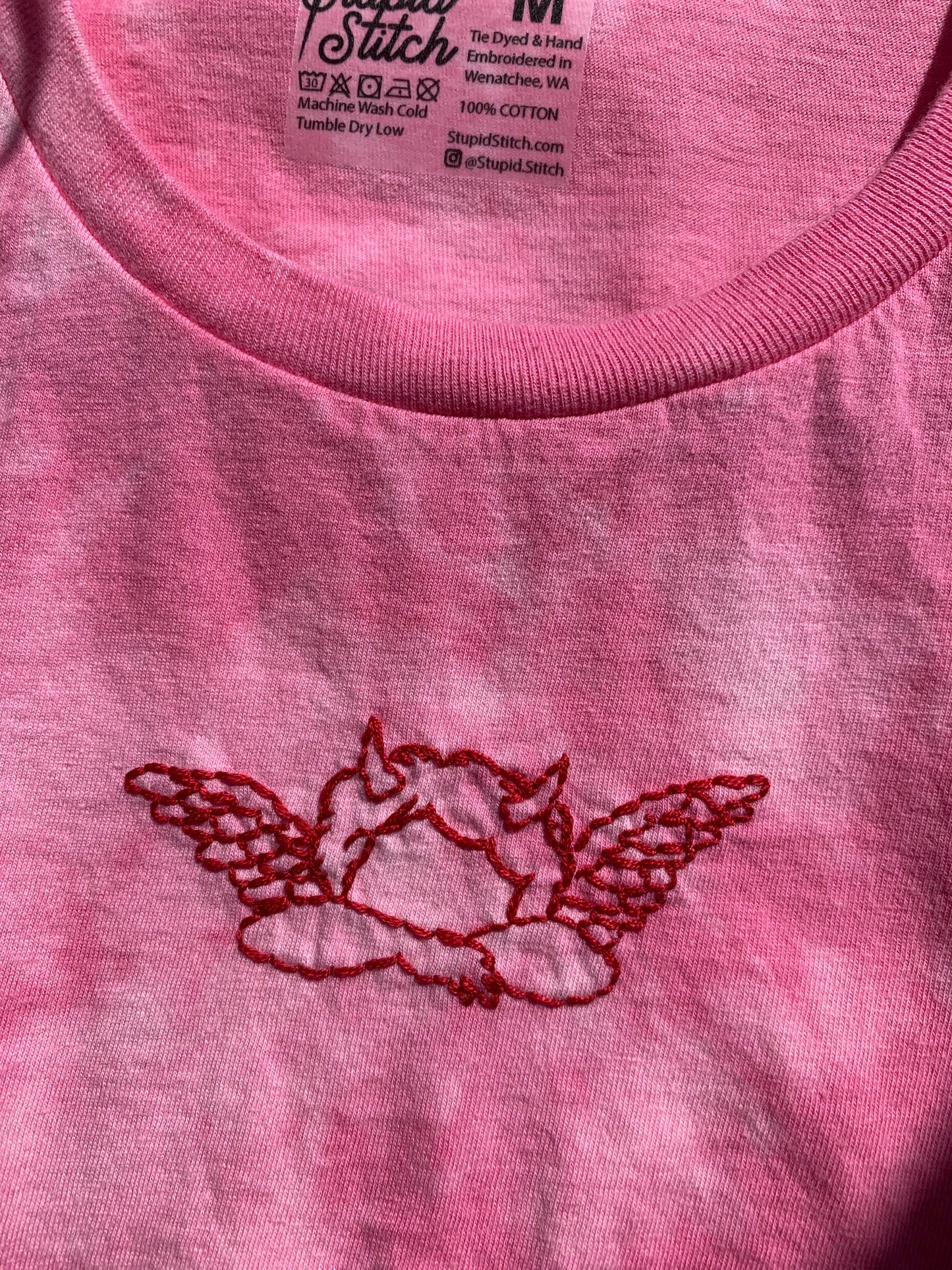 Hand Embroidered Red Cupid Cherub Angel Demon Baby Wings – Unisex Bright Tie-Dye Azalea Pink Tee, Cute, Unique, Goth, Fantasy Shirt