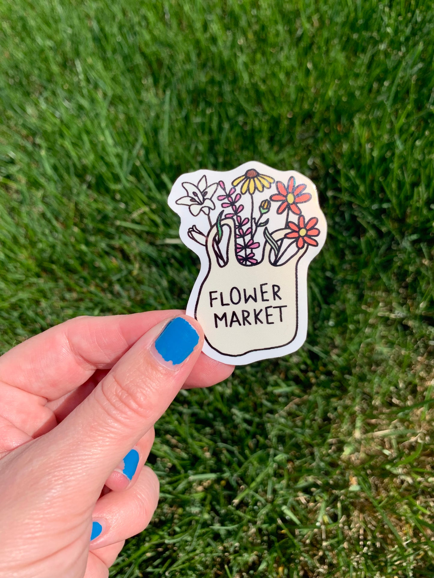 Flower Market Tote Bag Sticker - Cute Floral Design for Local Market Lovers - Eco-Friendly Spring Sticker for Laptop, Water Bottles