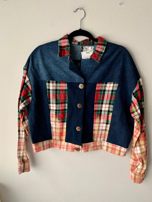 Upcycled Handmade Denim and Flannel Button Up Jacket, Size Medium