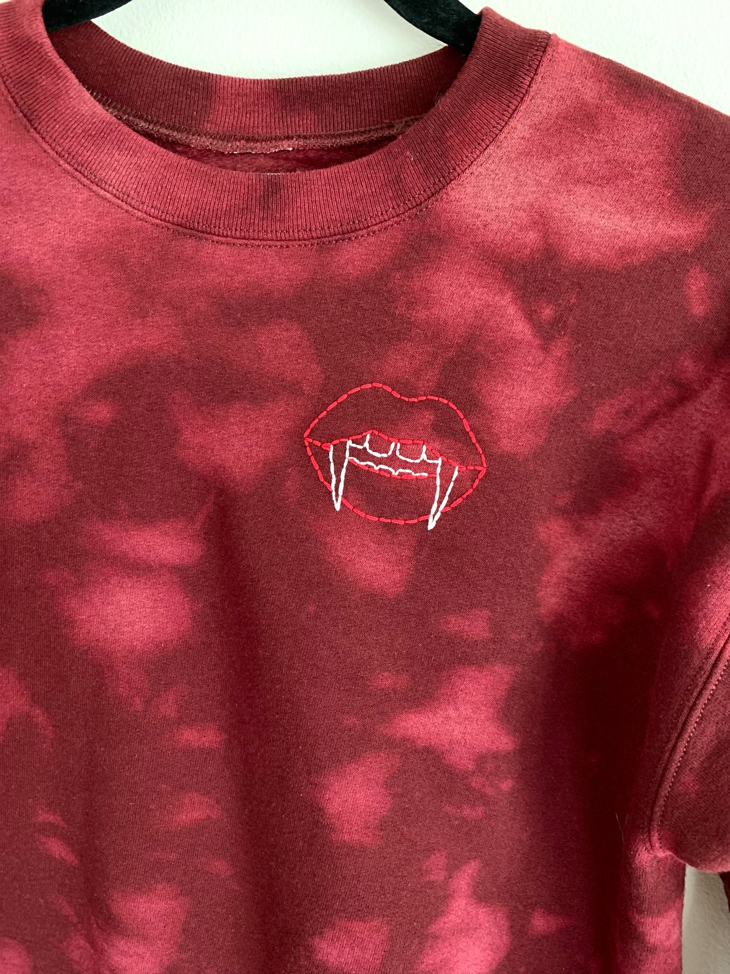 Made to Order Vampire Lips With Bat Coffin Hand Embroidery, Spooky Season, Dark Horror, Long Sleeve Unisex Maroon Tie Dyed Fleece Sweatshirt