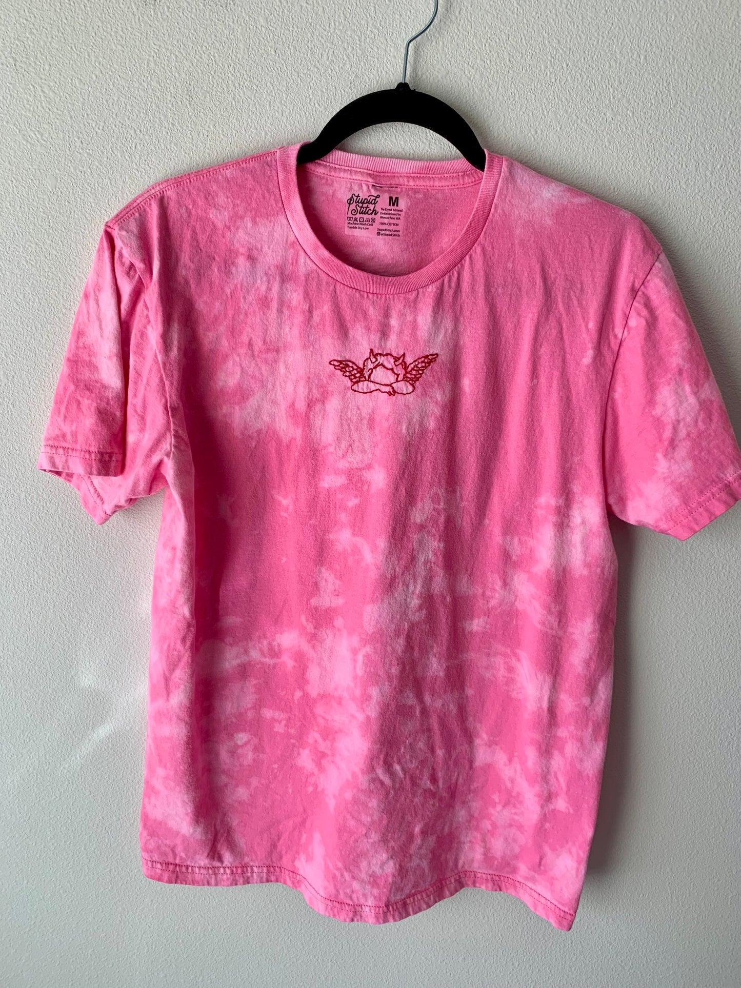 Hand Embroidered Red Cupid Cherub Angel Demon Baby Wings – Unisex Bright Tie-Dye Azalea Pink Tee, Cute, Unique, Goth, Fantasy Shirt