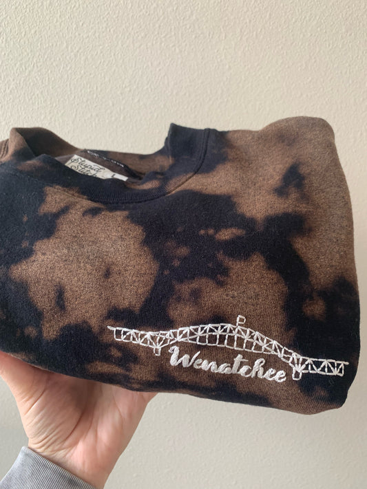 Wenatchee Bridge Hand Embroidery Tie Dye Black Fleece Long Sleeve Crew
