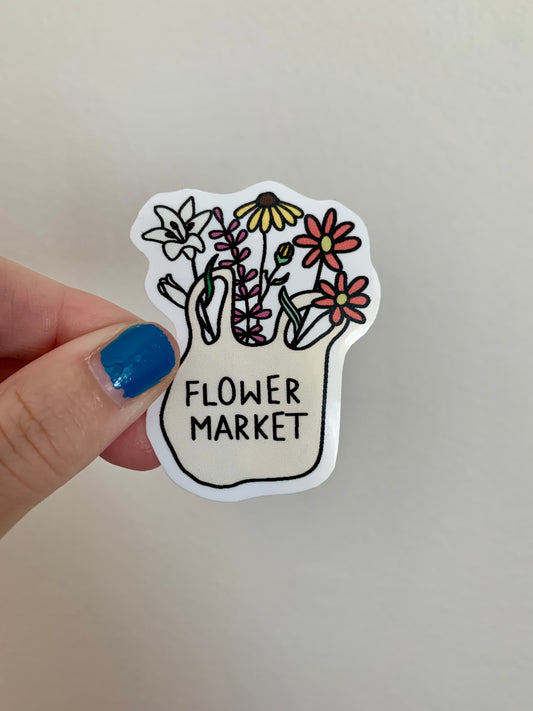 Flower Market Tote Bag Sticker - Cute Floral Design for Local Market Lovers - Eco-Friendly Spring Sticker for Laptop, Water Bottles