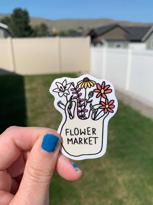 Flower Market Tote Bag Sticker - Cute Floral Design for Local Market Lovers - Eco-Friendly Spring Sticker for Laptop, Water Bottles
