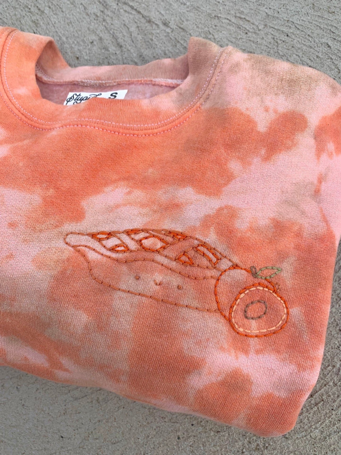 Kawaii Peach Pie Hand Embroidered Sweatshirt – Unisex Pastel Orange Swirl Tie-Dye Long Sleeve, Cute, Aesthetic, Cozy Soft Sweater, Sweet Pie