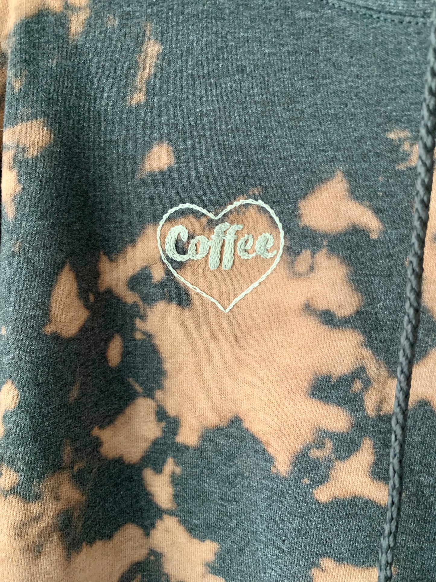 Hand Embroideried Coffee Heart Tie Dye Heather Grey Fleece Long Sleeve Hoodie