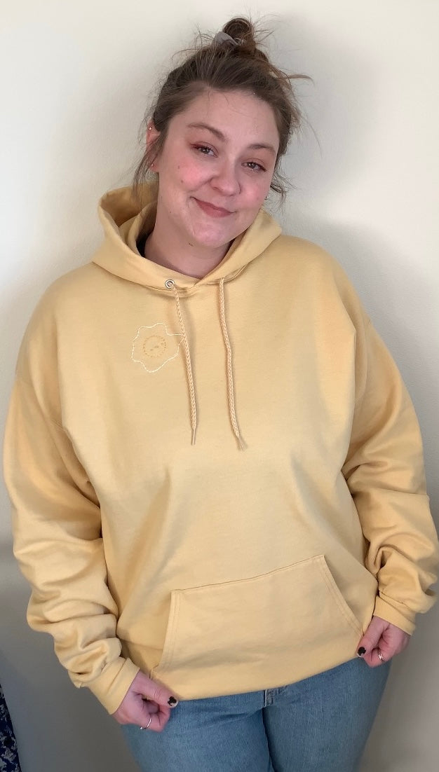 Hand Embroidered Fried Egg on Solid Butter Yellow Hoodie