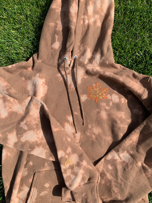 Hand Embroidered Maple Leaf Hoodie | Bleach Dyed Fall Sweatshirt | Cozy Unisex Autumn Pullover