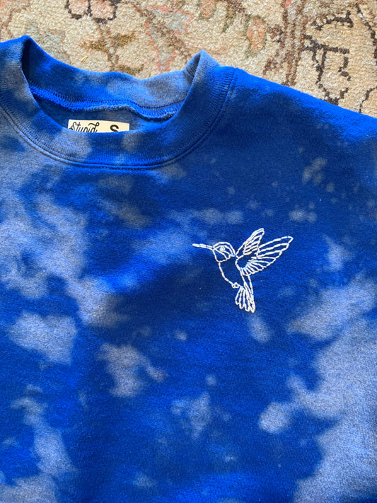 Made to Order White Hummingbird Hand Embroidery – Unisex Royal Blue Tie-Dye Fleece Sweatshirt