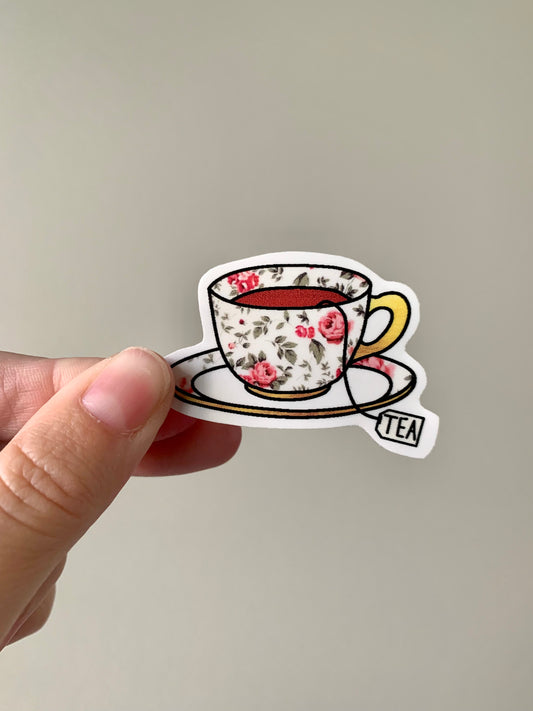 Floral and Gold Tea Cup and Saucer Sticker