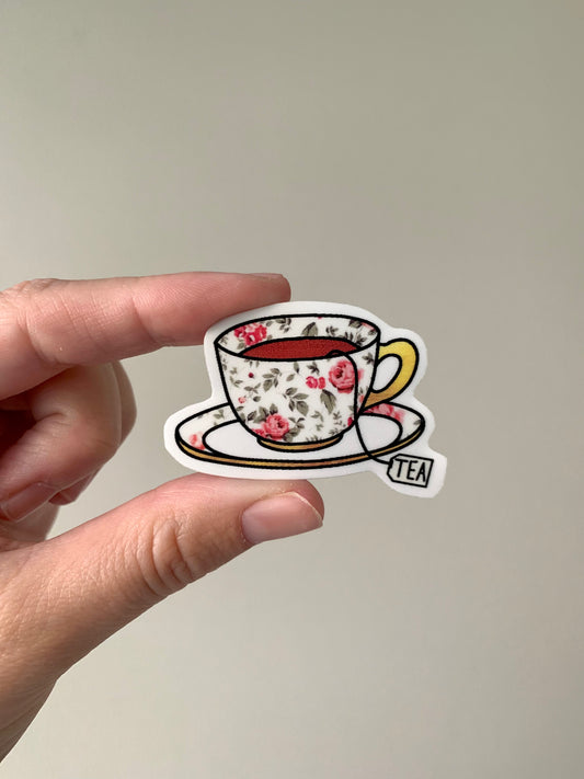 Floral and Gold Tea Cup and Saucer Sticker