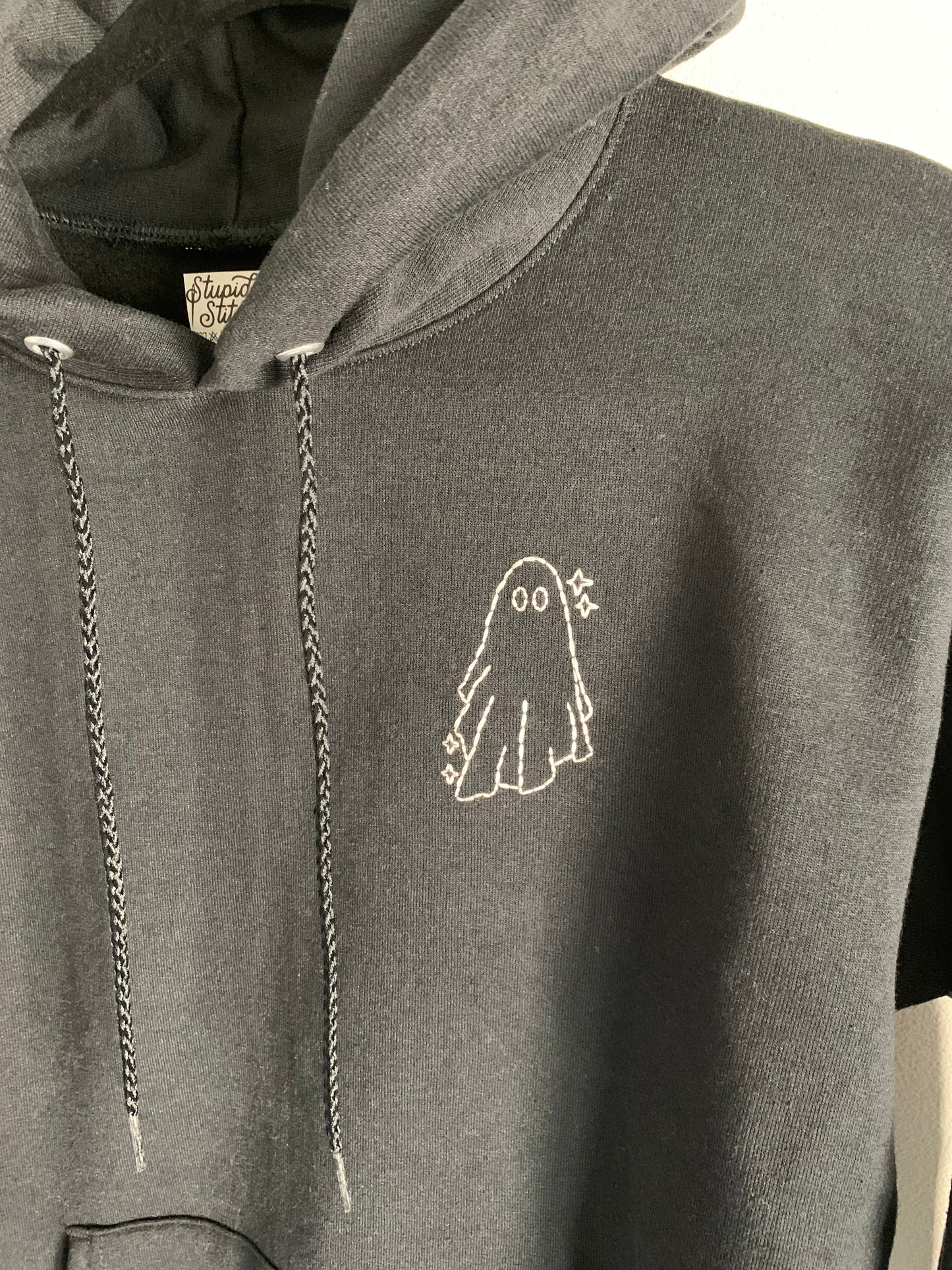 Hand Embroidered Sparkly Sheet Ghost on Solid Black Hoodie