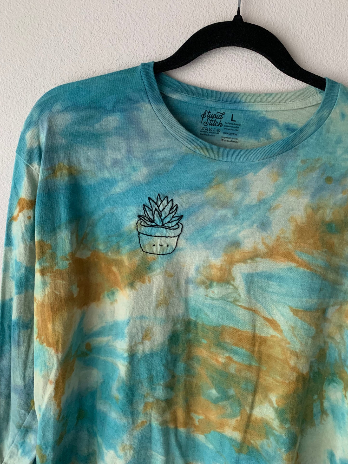 Tie Dye Blue and Yellow Succulent Embroidered Tee