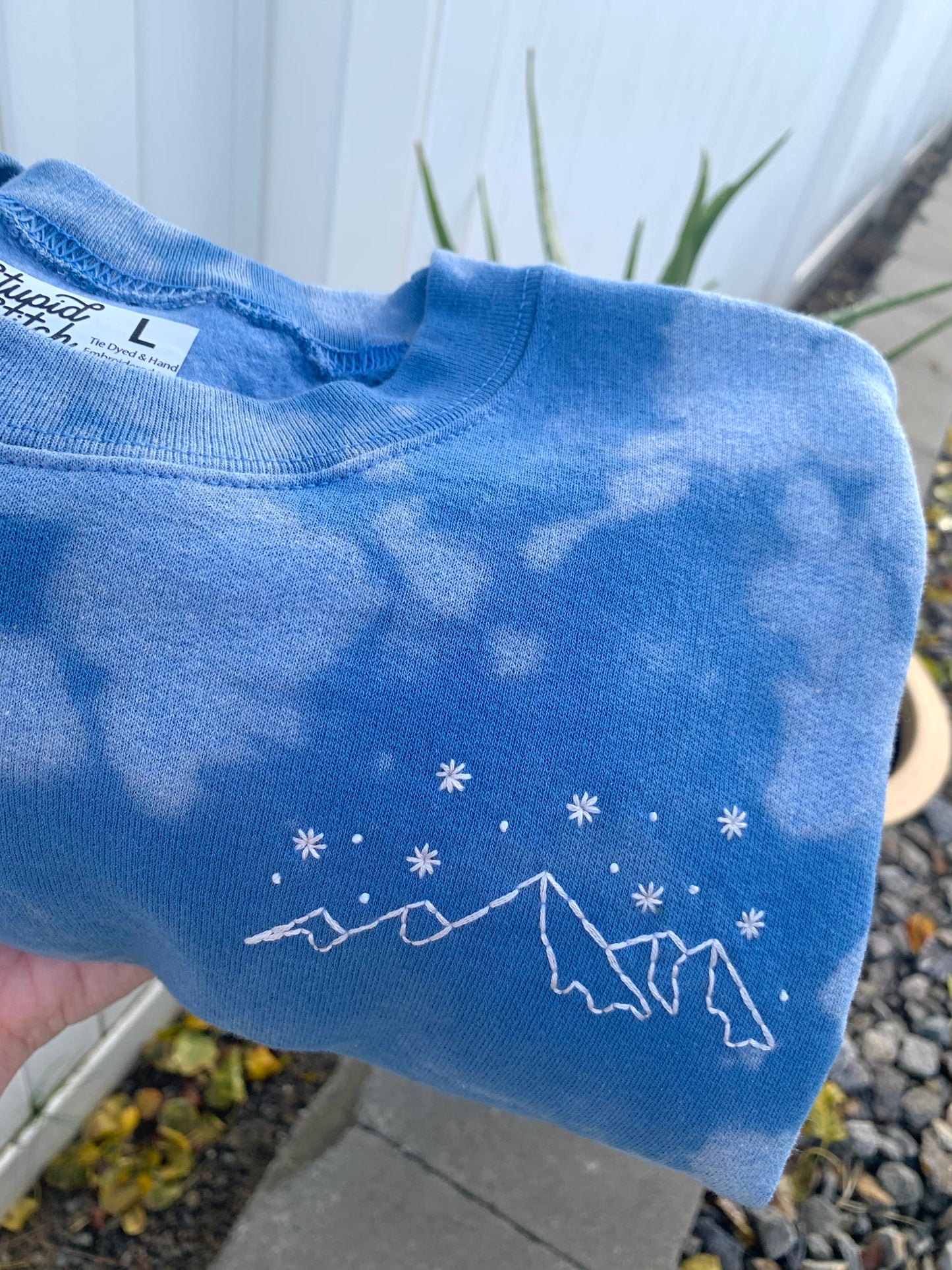 Hand Embroidered White Snowy Star Mountains on Tie Dye Baby Blue Fleece Long Sleeve Crew