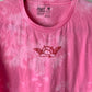 Hand Embroidered Red Cute Cupids Cherub Angel Demon Baby With Wings on Tie Dyed Azalea Pink Cotton Short Sleeve Tee, Unisex