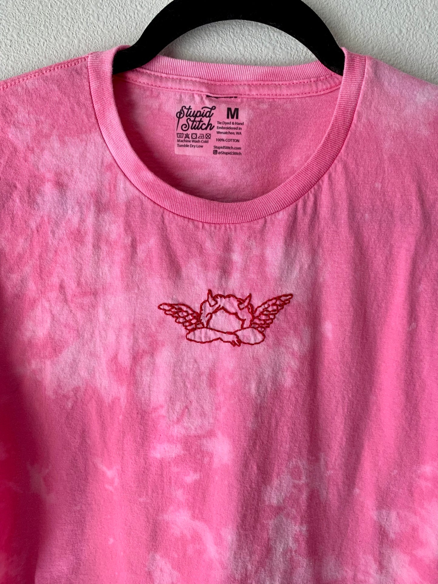 Hand Embroidered Red Cute Cupids Cherub Angel Demon Baby With Wings on Tie Dyed Azalea Pink Cotton Short Sleeve Tee, Unisex