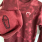 Hand Embroidered Vampire Lips with Bat Coffin on Tie Dye Maroon Fleece Long Sleeve Crew