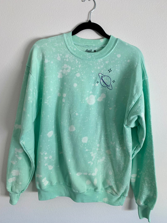 Hand Embroidered Saturn with Stars on Tie Dye Mint Green Fleece Long Sleeve Crew