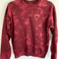 Hand Embroidered Vampire Lips with Bat Coffin on Tie Dye Maroon Fleece Long Sleeve Crew