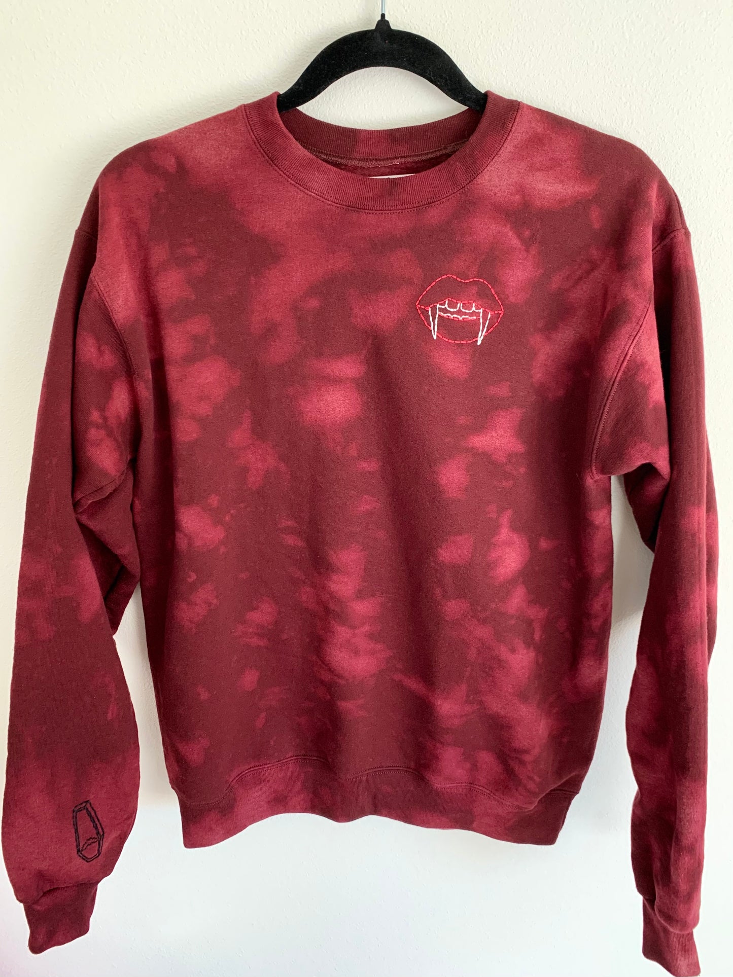 Hand Embroidered Vampire Lips with Bat Coffin on Tie Dye Maroon Fleece Long Sleeve Crew