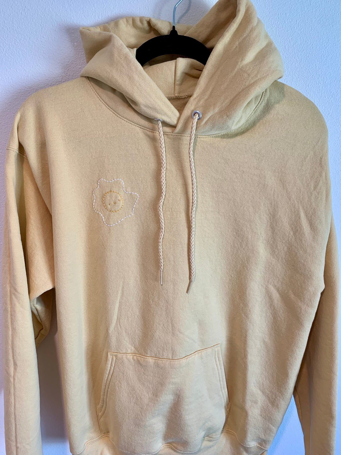 Hand Embroidered Fried Egg on Solid Butter Yellow Hoodie