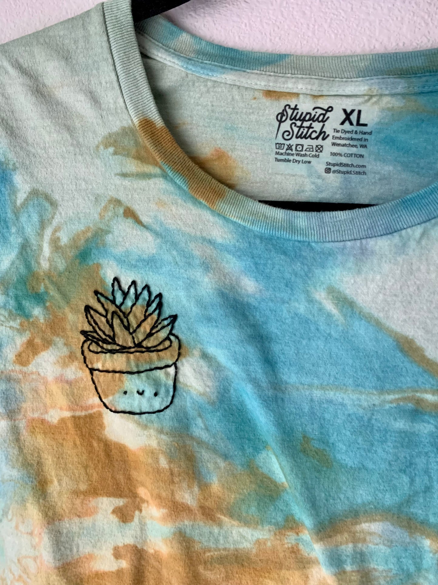 Tie Dye Blue and Yellow Succulent Embroidered Tee