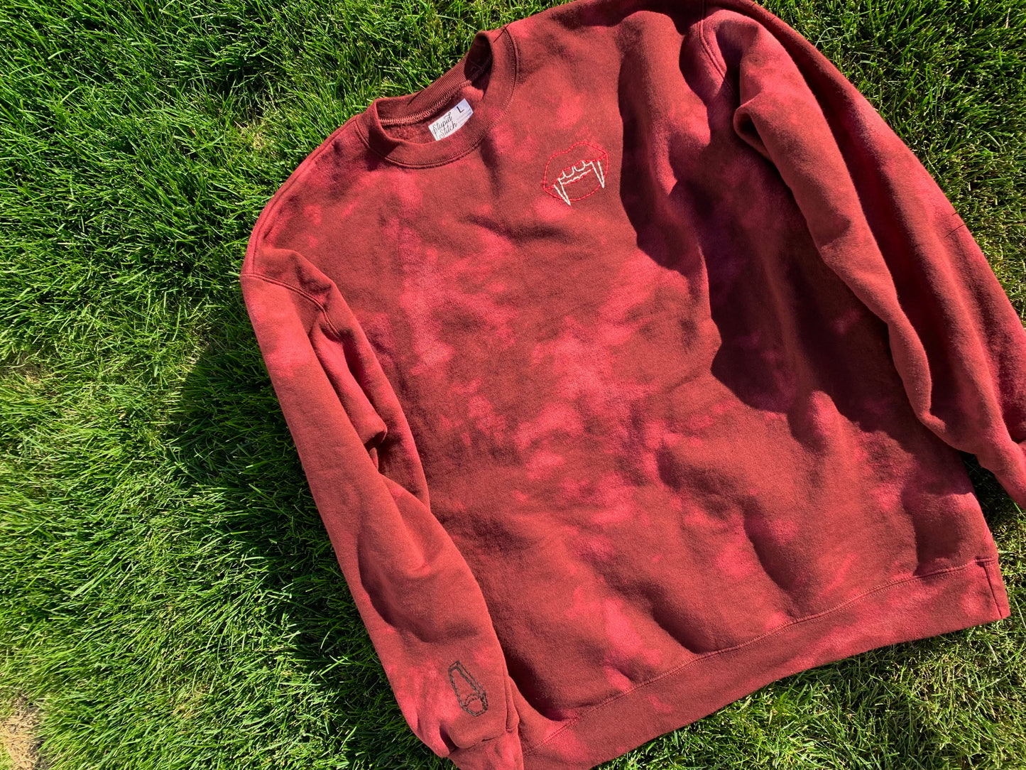 Hand Embroidered Vampire Lips with Bat Coffin on Tie Dye Maroon Fleece Long Sleeve Crew