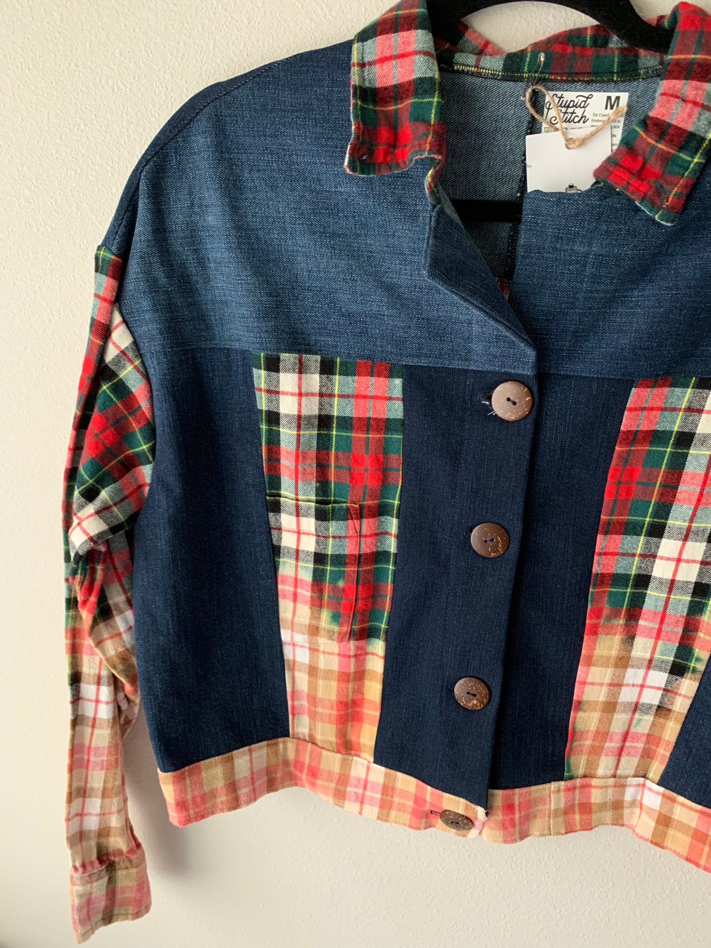 Upcycled Handmade Denim and Flannel Button Up Jacket, Size Medium