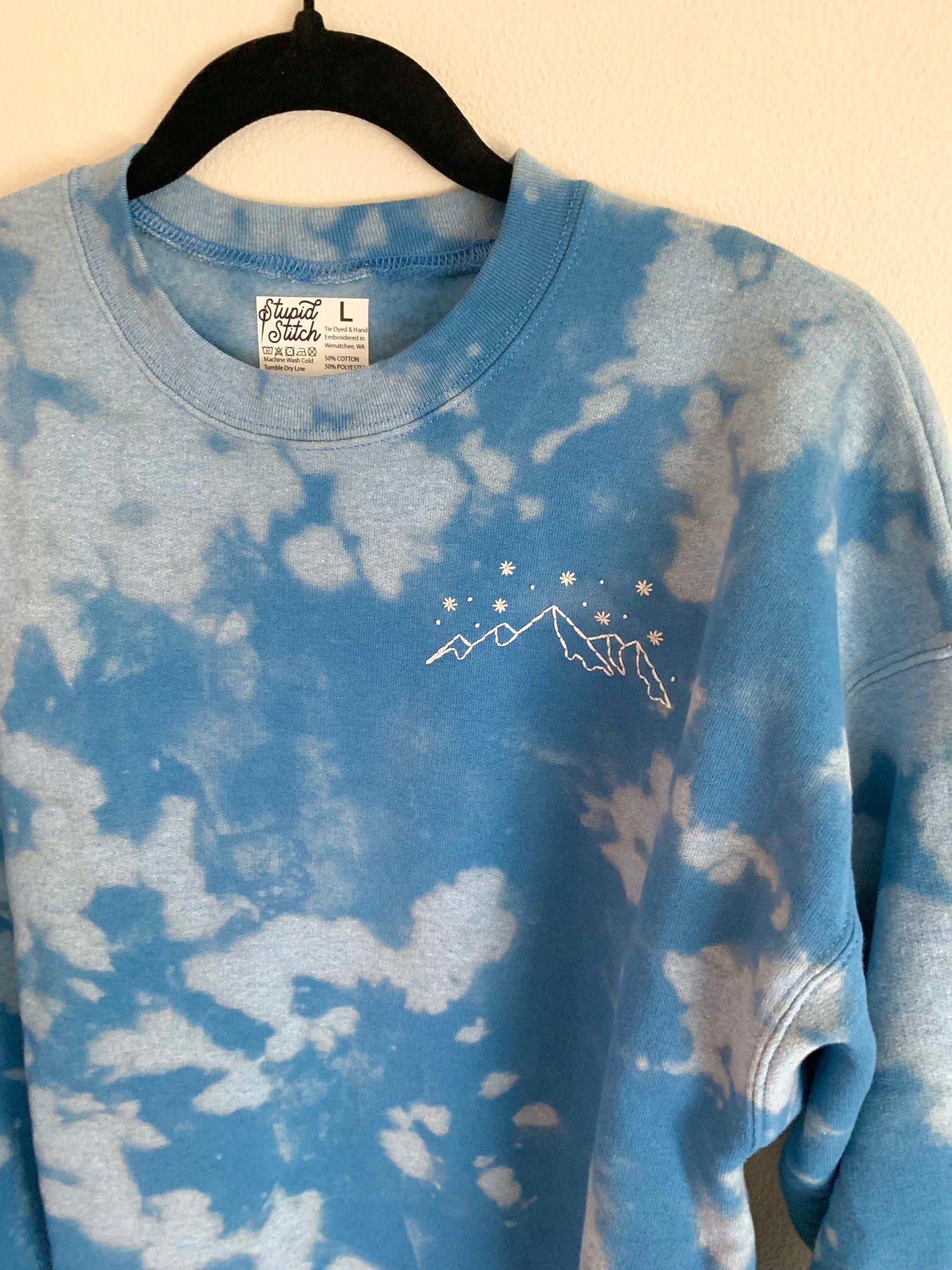 Hand Embroidered White Snowy Star Mountains on Tie Dye Baby Blue Fleece Long Sleeve Crew