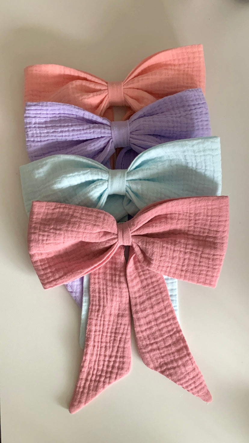 100% Cotton Double Gauze Sailor Hair Bow with Pointed Tails, Light Weight Bow for Girl, Medium Size Bow Women's gift, Spring Hair Accessory