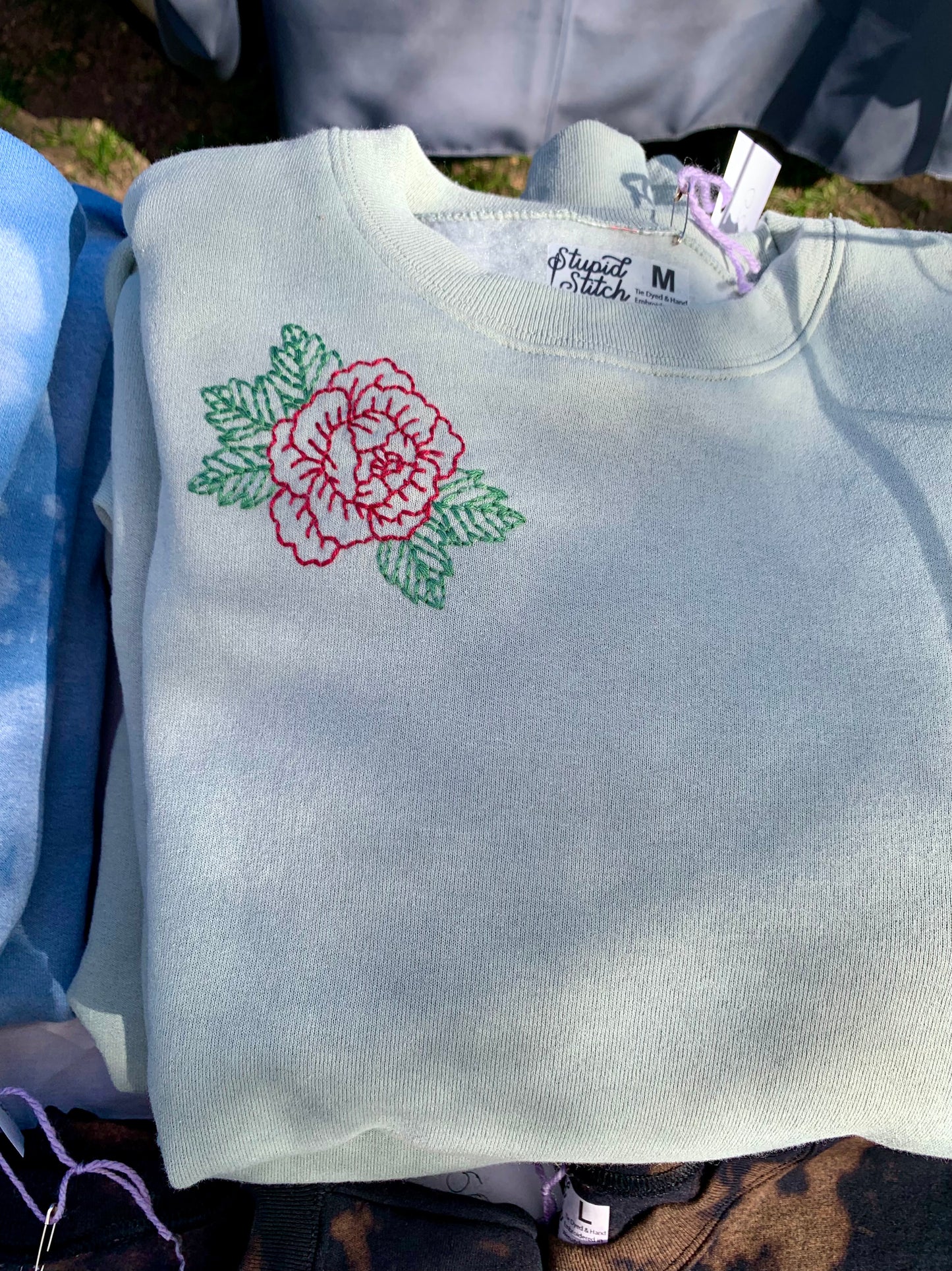 Hand Embroidered Traditional Rose on Solid Sage Green Crew Neck Sweatshirt