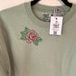 Hand Embroidered Traditional Rose on Solid Sage Green Crew Neck Sweatshirt