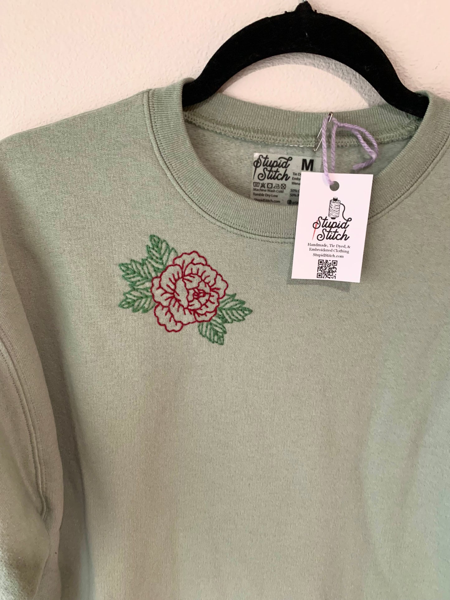 Hand Embroidered Traditional Rose on Solid Sage Green Crew Neck Sweatshirt