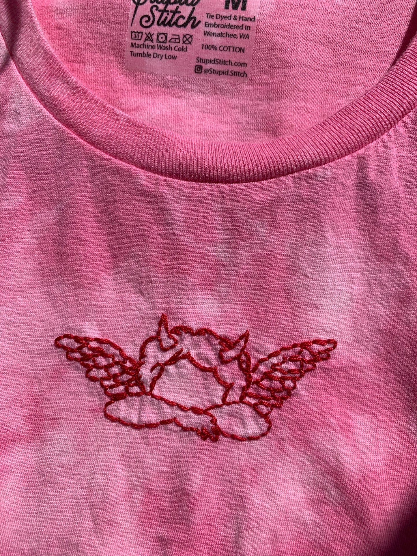 Hand Embroidered Red Cute Cupids Cherub Angel Demon Baby With Wings on Tie Dyed Azalea Pink Cotton Short Sleeve Tee, Unisex