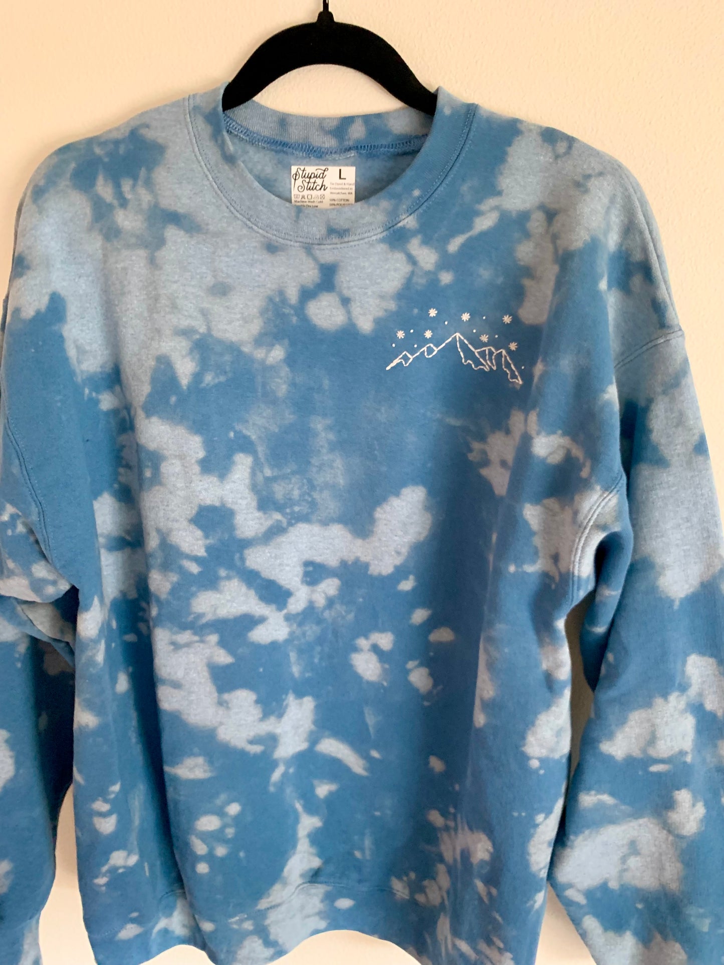 Hand Embroidered White Snowy Star Mountains on Tie Dye Baby Blue Fleece Long Sleeve Crew