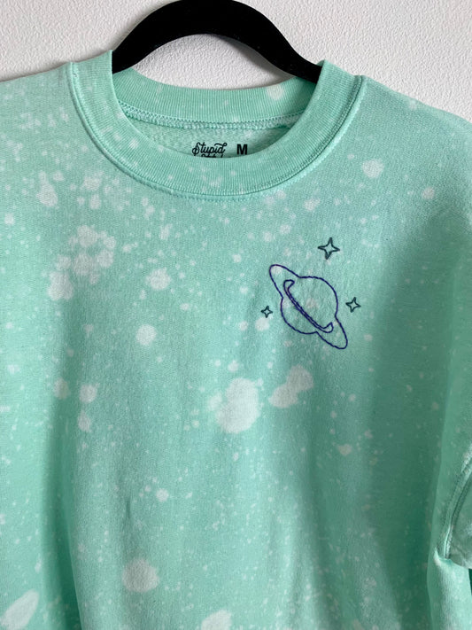 Hand Embroidered Saturn with Stars on Tie Dye Mint Green Fleece Long Sleeve Crew