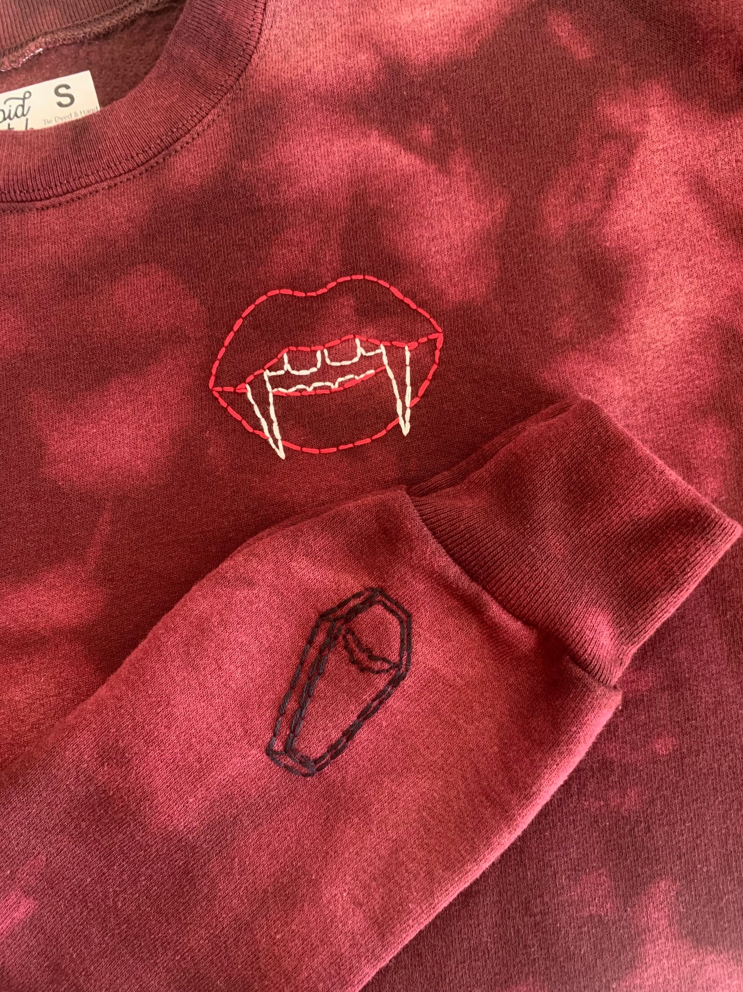 Hand Embroidered Vampire Lips with Bat Coffin on Tie Dye Maroon Fleece Long Sleeve Crew