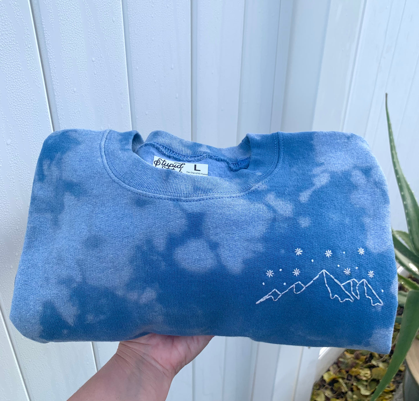 Hand Embroidered White Snowy Star Mountains on Tie Dye Baby Blue Fleece Long Sleeve Crew