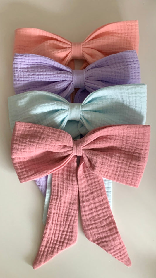 100% Cotton Double Gauze Sailor Hair Bow with Pointed Tails, Light Weight Bow for Girl, Medium Size Bow Women's gift, Spring Hair Accessory