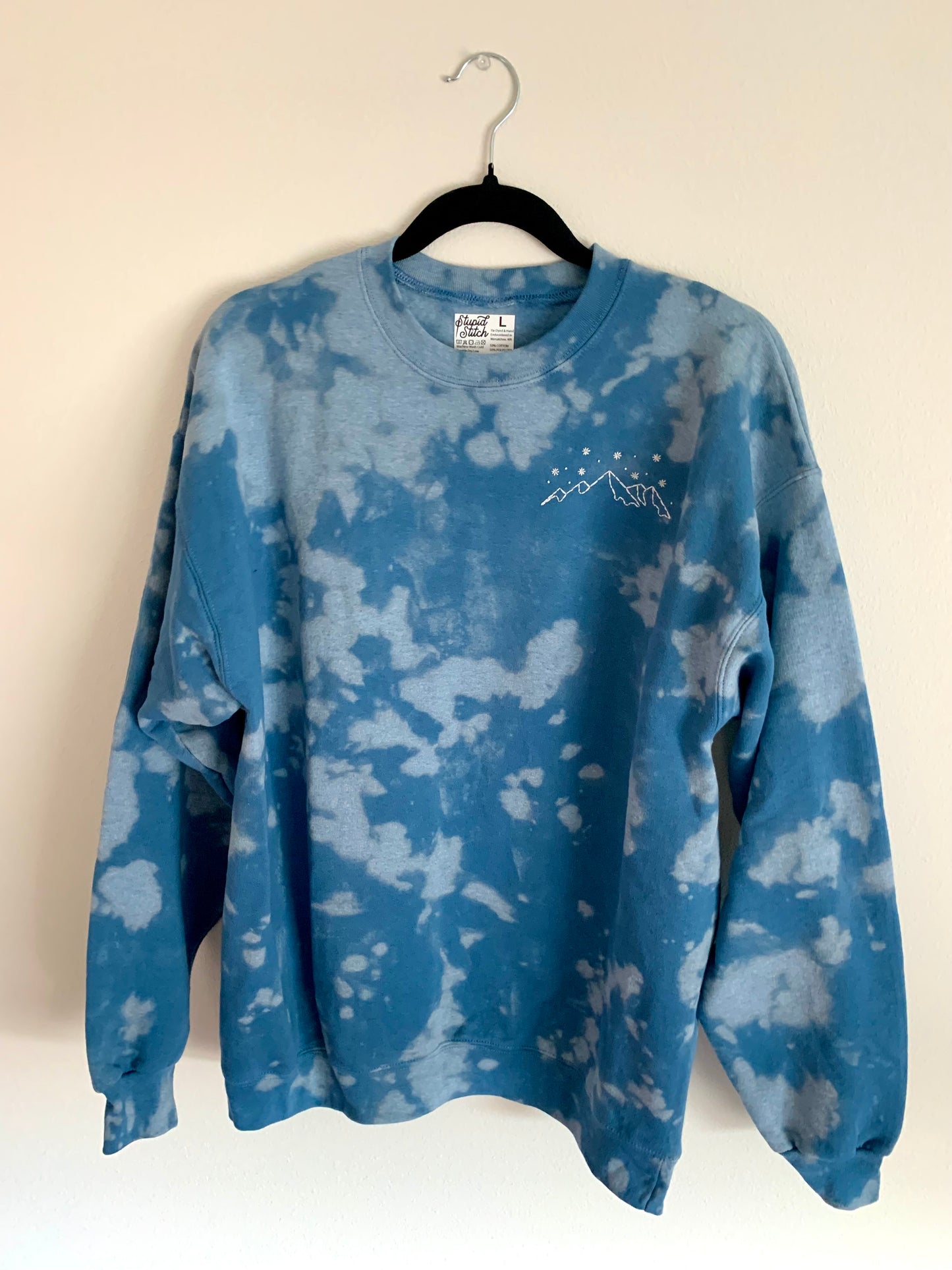 Hand Embroidered White Snowy Star Mountains on Tie Dye Baby Blue Fleece Long Sleeve Crew