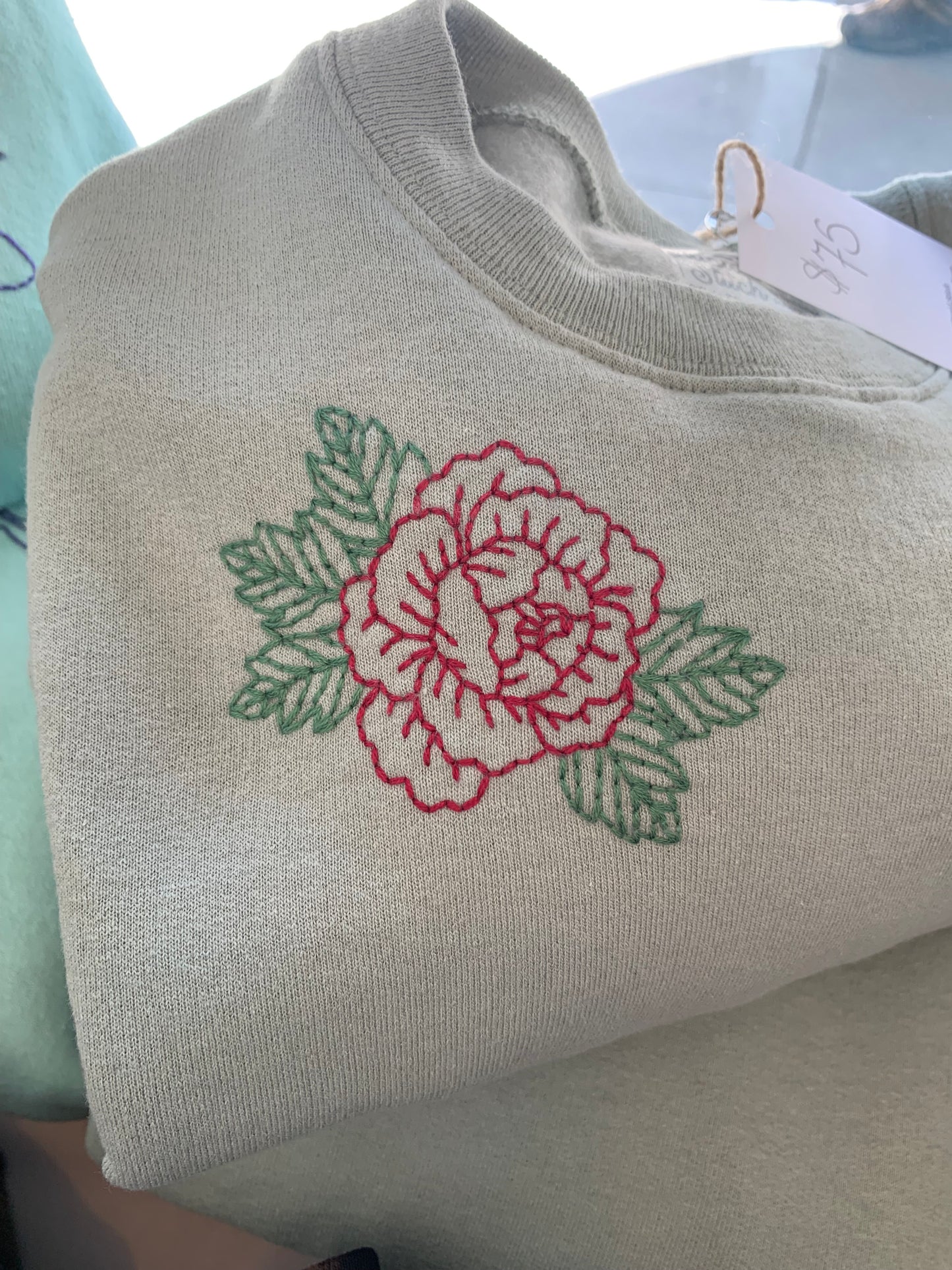 Hand Embroidered Traditional Rose on Solid Sage Green Crew Neck Sweatshirt