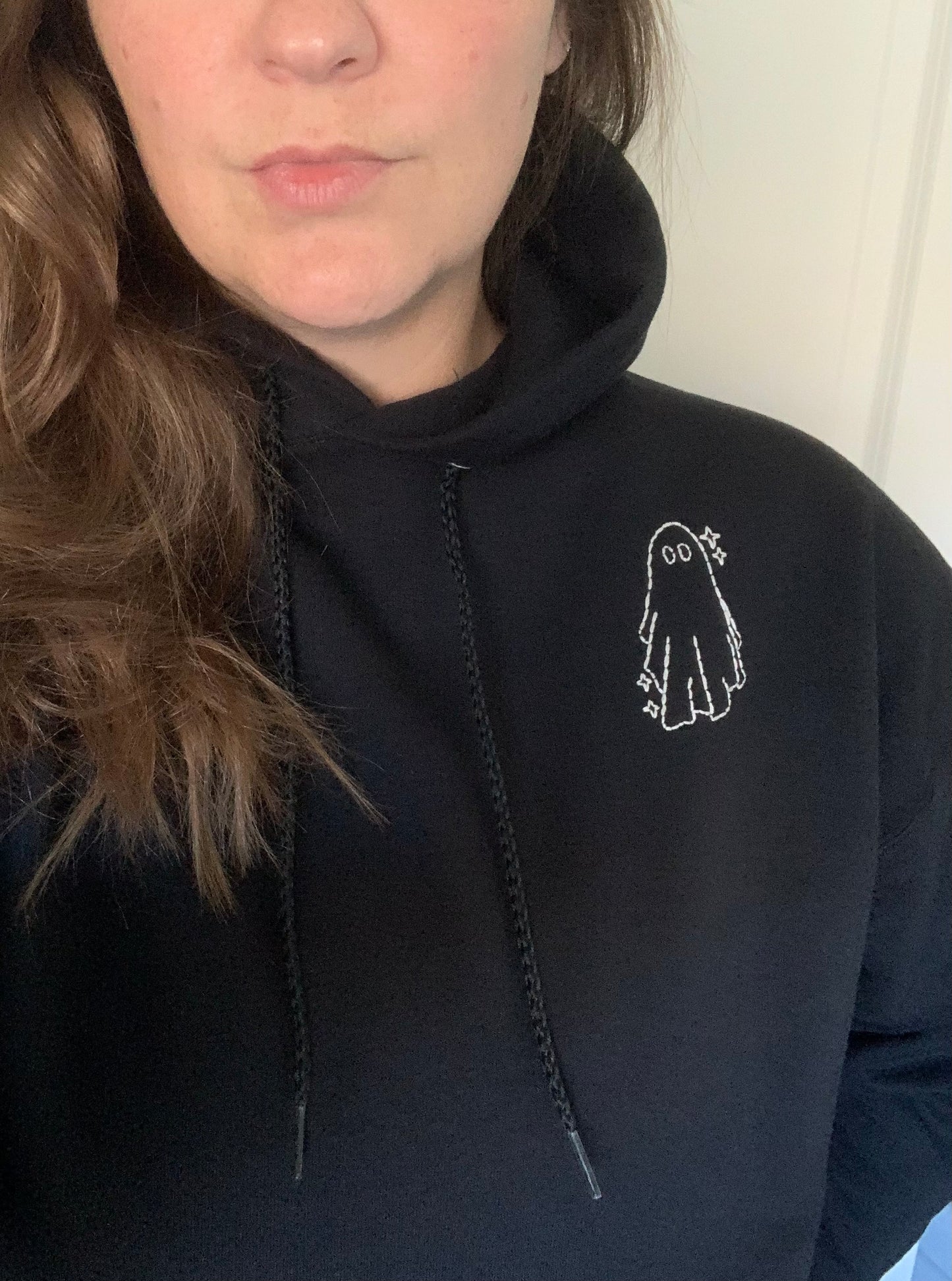 Hand Embroidered Sparkly Sheet Ghost on Solid Black Hoodie