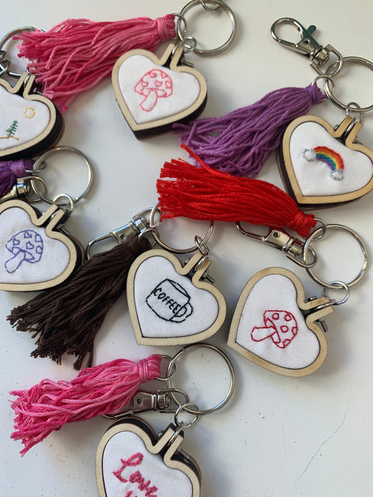 Heart Hand Embroidered Keychain with Tassel