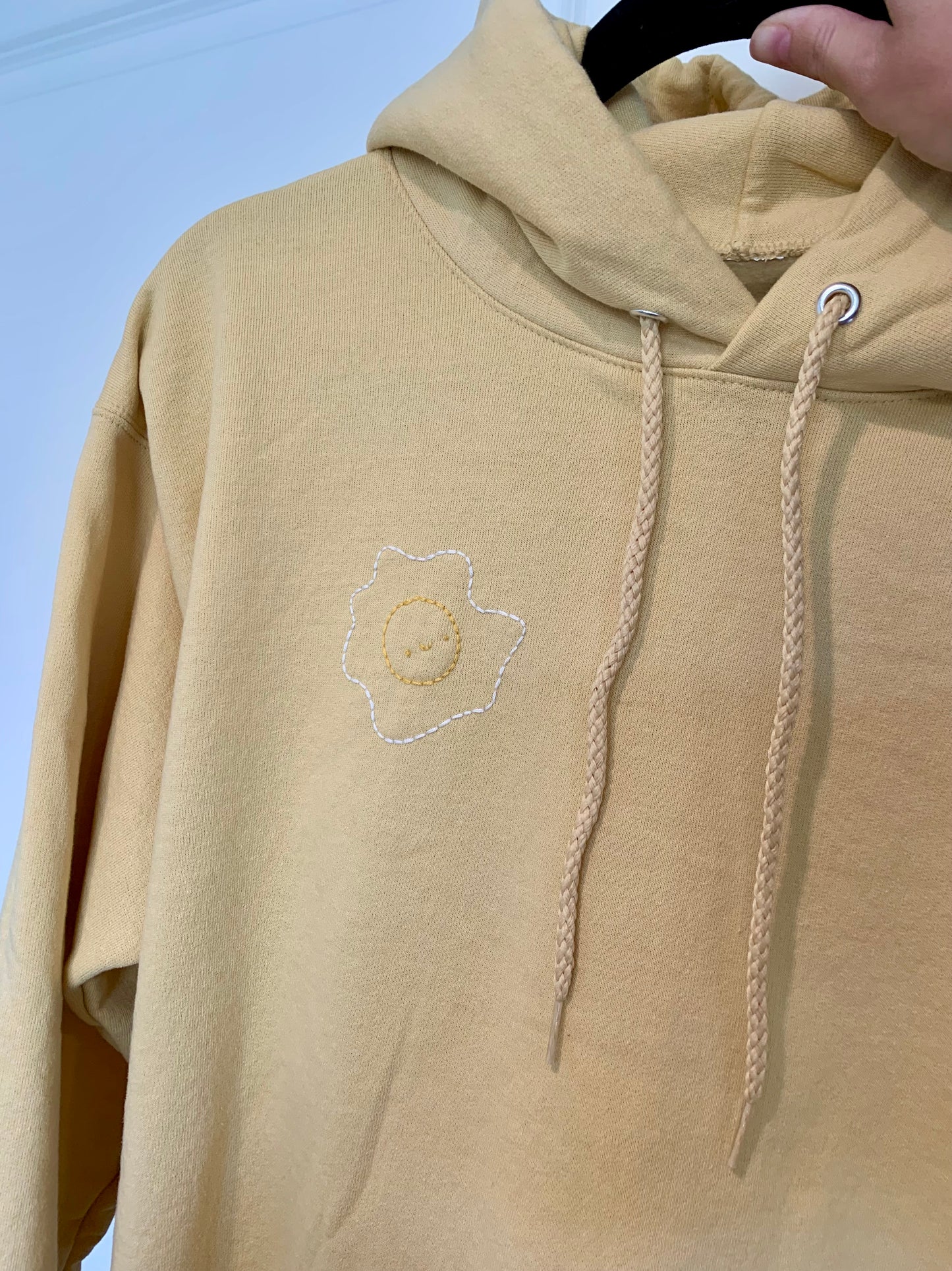 Hand Embroidered Fried Egg on Solid Butter Yellow Hoodie