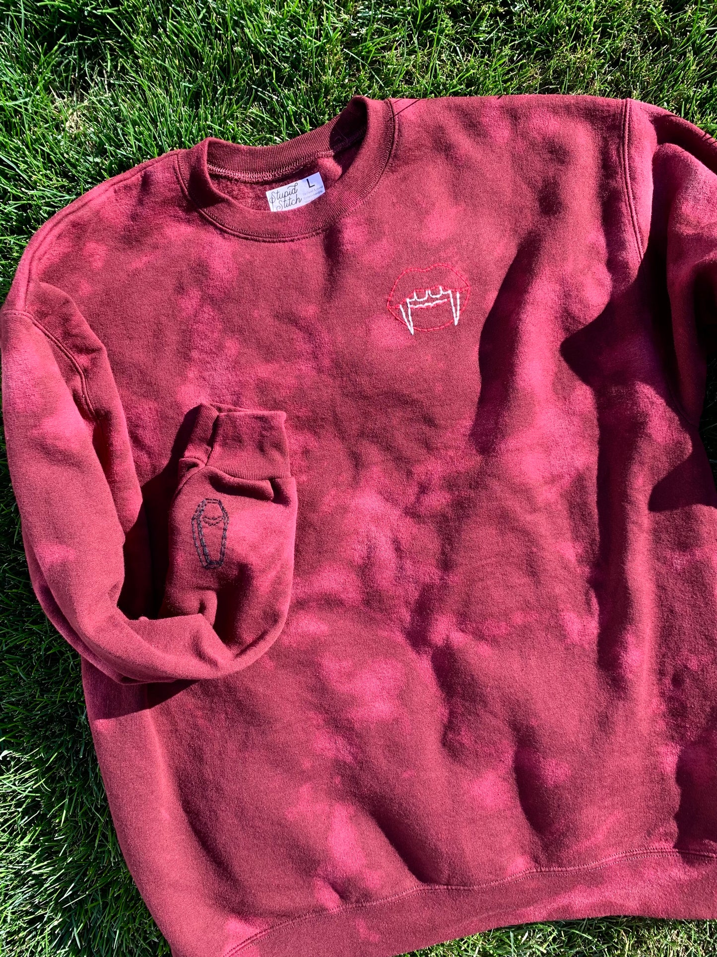 Hand Embroidered Vampire Lips with Bat Coffin on Tie Dye Maroon Fleece Long Sleeve Crew