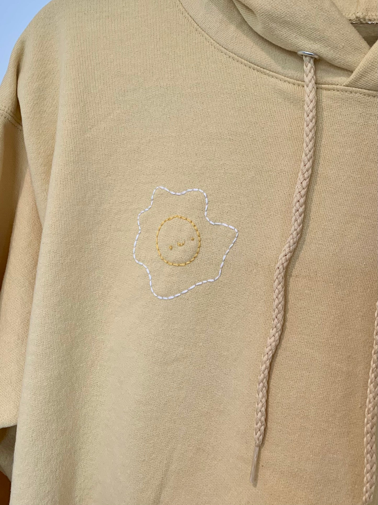 Hand Embroidered Fried Egg on Solid Butter Yellow Hoodie