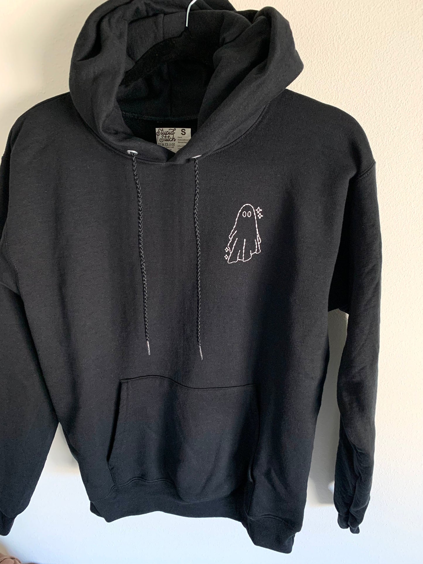 Hand Embroidered Sparkly Sheet Ghost on Solid Black Hoodie